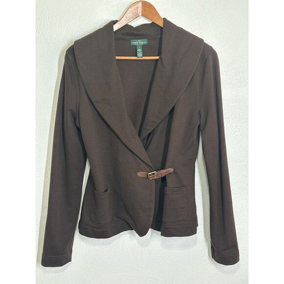 LRL Lauren Jersey Cardigan Blazer S Brown Leather Buckle Preppy Equestrian - Picture 1 of 13